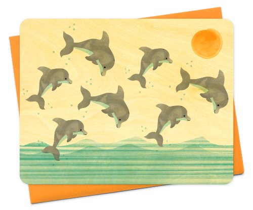 Algopix Similar Product 10 - Dancing Dolphins Wood Notecard by Night