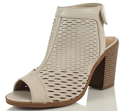 Soda Women's Kirby Perforated Peep Toe Slingback Stacked Heel Ankle Bootie