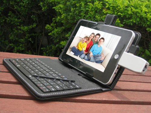 7 Tablet Stand with USB Keyboard - Black Faux Leather Carrying Case