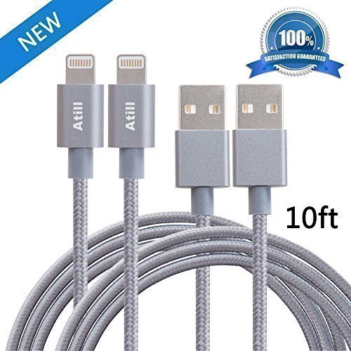 Atill 2 Pack 10FT Nylon Braided Lightning USB Charging Cable Extra Long Cord for iPhone 6s 6s+ 6Plus 6, 5s 5c 5,iPad Air mini min2, iPad 4,iPod 5,iPod 7, iOS9. with Aluminum Connector. (space gray)