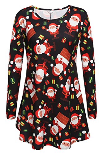 Meaneor Long Sleeves PlusSanta Christmas Xmas Gifts Print Flared Swing Dress Top