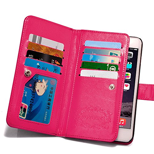 iPhone 6 Plus Wallet Case, Roybens 9 Card Slot PU Leather Wallet Case 2 in 1 Magnetic Detachable Back Cover Flip Case with Wrist Strap For Apple iPhone 6 6s Plus (5.5) Rhodo