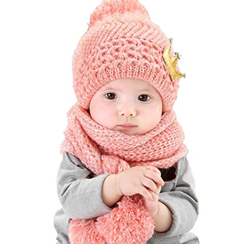 DZT1968® Baby Crown Thick Knit Wool Warm Hood Long Scarf Caps Hats Set With Pom (Pink)