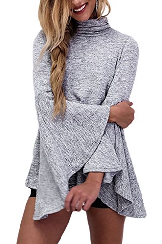 Annflat Women's Flared Bell Sleeve Shirt Turtleneck Loose Blouse Tops
