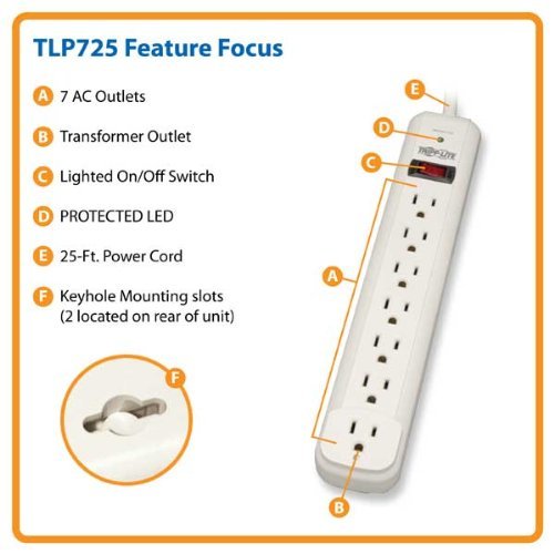 

Tripp Lite TLP725 Surge Protector Strip 120V 7 Outlet 25ft Cord 1080 Joule PC, Computer, Hardware