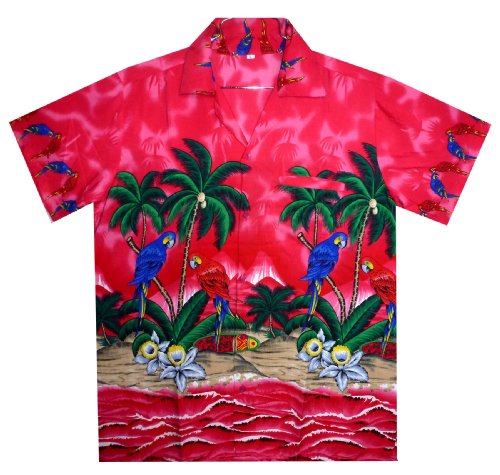 Funky Hawaiian Shirt For Men Short Sleeve Front-Pocket Parrot Palm Pink