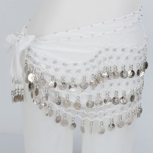 

Micromall(TM) 128 Silver Coins 3-layers Glitter Velutum Chiffon Belly Dancing Waist Chain Belly Dance Accessory Hip Scarf Costume Belt White
