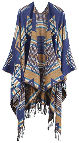 ANDORRA Merino Wool Kimono Wrap Cardigan for Women w/ Tassels,khaki,Navy