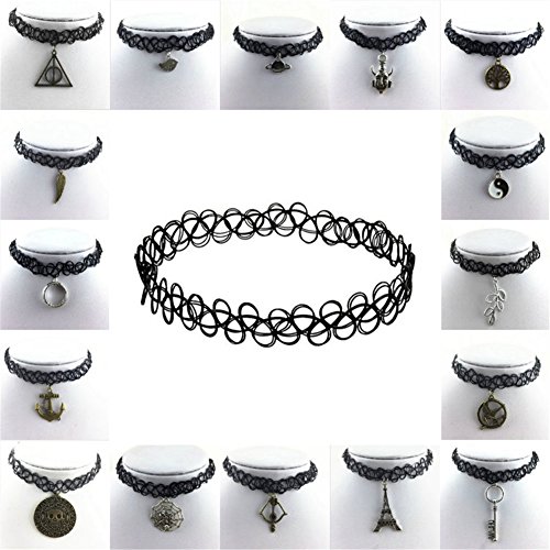 JQUEEN Black Gothic Stretch Elastic Double Line Henna Tattoo Choker Pendant Collar Necklace for 80s 90s