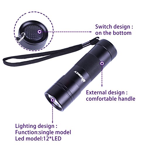 HEIOKEY Handheld 12 LED Ultraviolet Led Flashlight Blacklight UV Pets Stains Detector Torch 395nm Mini UV Light For Checking Currency,Human Fluids,Scorpions With 3 X AAA Batteries-Black - Image 3
