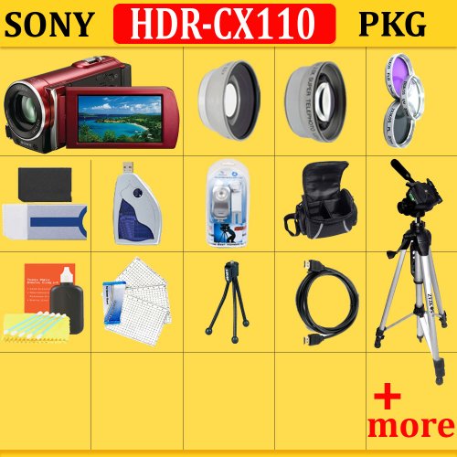 Sony HDRCX110 HD Handycam Camcorder (Red) + HUGE ACCESSORIES PACKAGE