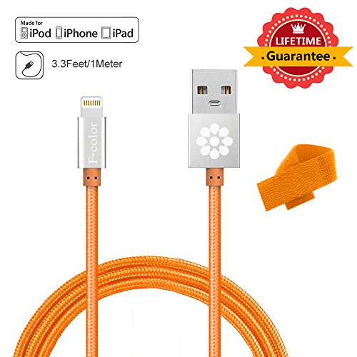 F-color™ 1 Pack [Apple MFi Certified][Lifetime Warranty] 3.3 Feet 1 Meter Lightning Cable with Aluminum 8 pin Connector to usb data sync charger with Tangle-free Woven Jacket for iPhone 6(4.7) Plus(5.5) 5C 5S 5, iPad Air mini 4th Generation, iPod Touch 5th Generation Nano 7th, Orange