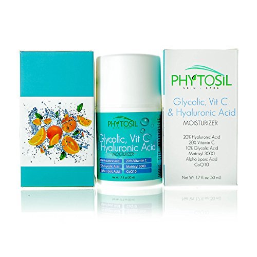 10% Glycolic Acid Moisturizer With 20% Vitamin C, 20% Hyaluronic Acid, Matrixyl 3000, Alpha Lipoic Acid, & CoQ10 - Wrinkles, Exfoliates, Shrinks Pores, Controls Oily Skin & Acne- Phytosil 1.7 OZ