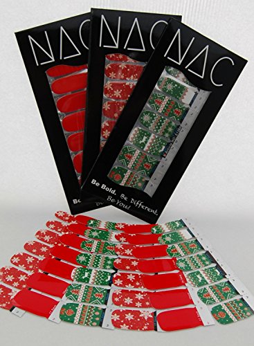 Christmas Nail Stickers - 3 Pack (42 Total Nail Art Wraps) for Stocking Stuffers - Red, Snowflake, Ugly Sweater