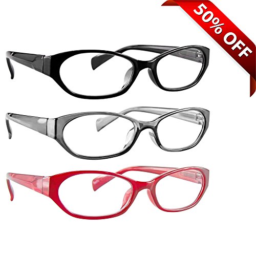 Reading Glasses 3 Pack with Red, Black & Grey _ Always have a Stylish Look & Crystal Clear Vision When You Need It! _ Comfort Spring Arms & Dura-Tight Screws _ 180 Day Guarantee +3.75