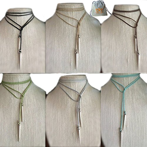YallFF 6 PCs Long Leather Velvet Tie Lariat Tattoo Choker Necklace with Spike Beads for Women