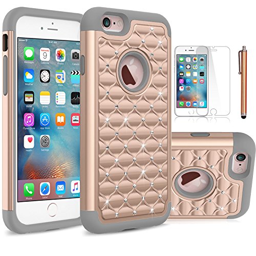 iPhone 6S Case,EC™ [Shockproof] Apple iPhone 6S Case, Heavy Duty Dual Layer Hybrid Stud Rhinestone Bling Protection Cover Case for Apple iPhone 6S / 6 (A Rose Gold+Grey)