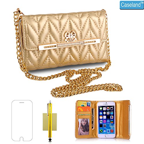 iPhone 6 Case,iPhone 6s Case,CASELAND Wallet PU Leather Luxury [Metal Bowknot] Button Wave Line Flip Handbag Case Cover for iPhone 6/6s [4.7 Inch] with Single Shoulder Chain [Gold]