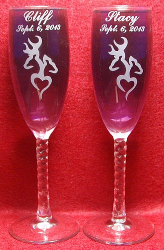 2 Personalized Etched Buck and Doe deer Heart Toasting Champagne Wedding Flutes glasses