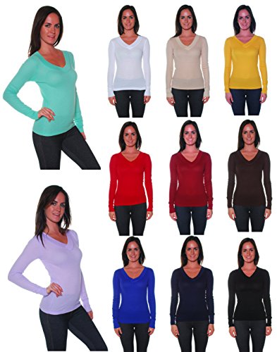 Emmalise Women's Active V Neck Thermal Long Sleeves Top with Wide Neck Trim