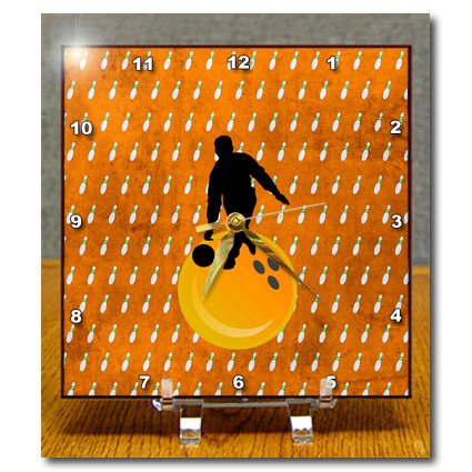 

dc_180792 Beverly Turner Sports Design - Man on Bowling Ball with Bowling Pin Background, Gold - Desk Clocks