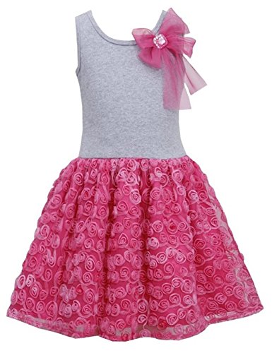 

Girls 2T-6X Fuchsia-Pink Bow Shoulder Knit to Bonaz Rosette Mesh Overlay Dress