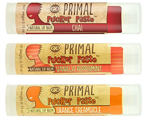 Primal Pucker Paste 3-Pack Natural Lip Balm with Beeswax and Shea Butter - Vanilla Peppermint, Orange Creamsicle and Chai