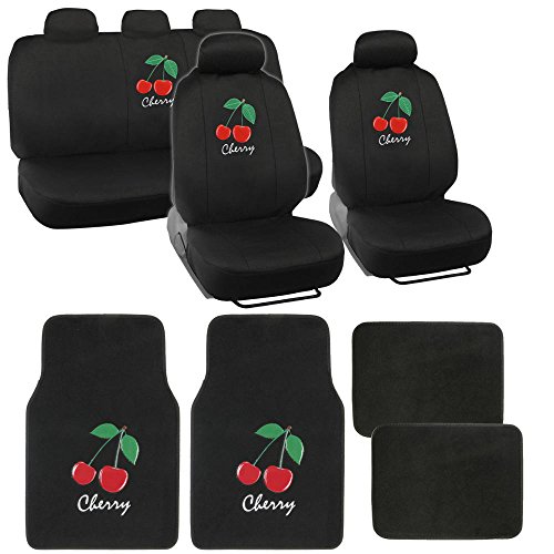 Auto Interior Gift Set - Cherry - 2 Front Seat Covers (2 Front and 2 Bottom), 5 Headrest Covers, 1 Bench Seat Cover (1 Top and 1 Bottom), 4 Floor Mats (2 Front and 2 Rear)