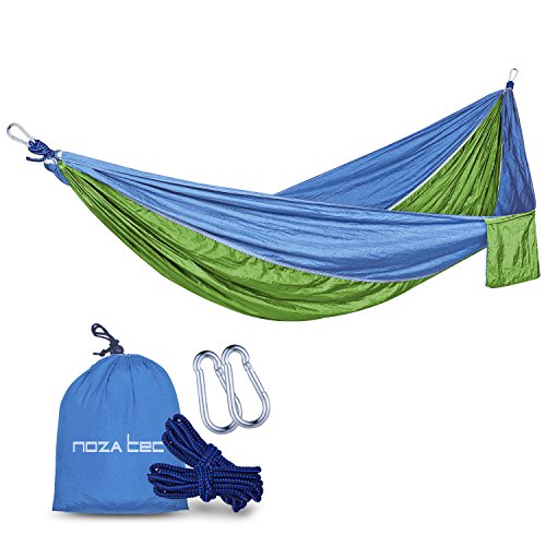 Double Parachute Hammock, Noza Tec Portable Lightweight Nylon Fabric Camping Hammock for Backpacking, Travel, Beach, Yard. Straps Included (Light Blue/Green)
