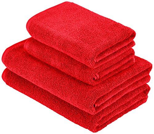 AmazonBasics - Juego de toallas (secado rápido, 2 toallas de baño y 2 toallas de manos), color rojo