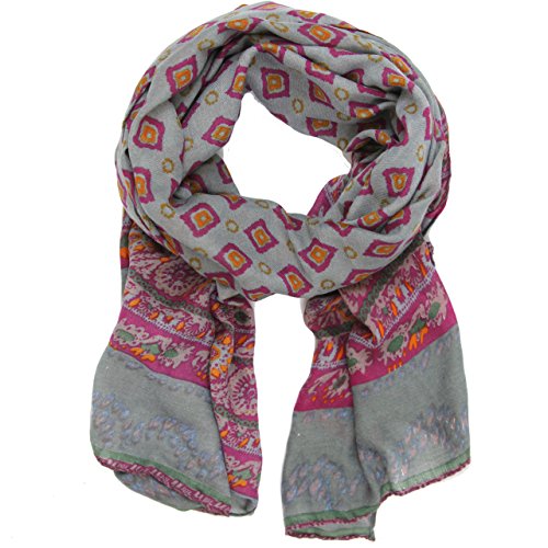 Bucasi Colorful Ikat Print Grey Scarf Orange Red Hot Pink Light Grey