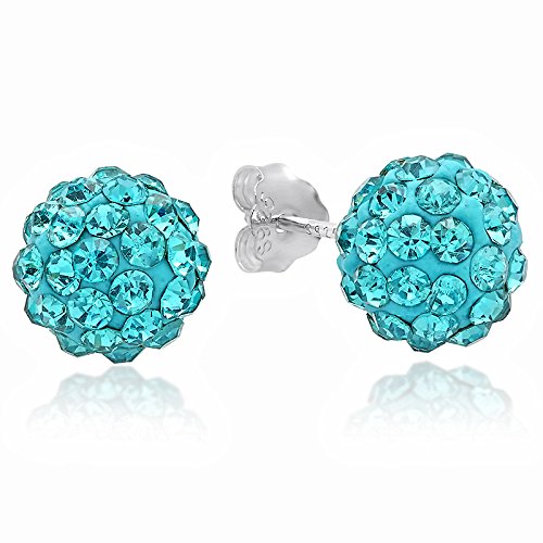 .925 Sterling Silver Aqua Blue 8mm Crystal Ball Stud Earrings