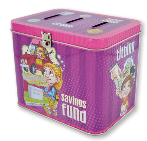 LDS Girls Tin Tithing / Savings Bank - 3 Slots: Fun Money, Tithing & Savings Fund - Baptism Gift - 5.5