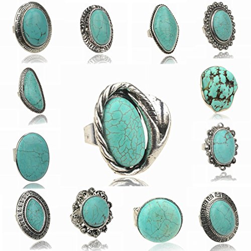 Multi Shape Adjustable Vintage Tibet Silver Plated Nature Turquoise Finger Cocktail Ring