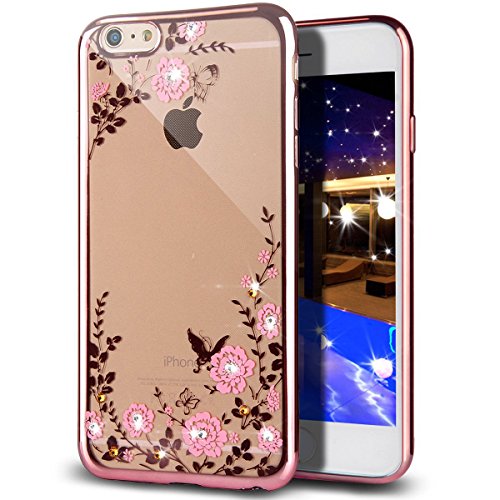 iPhone 6S Case,iPhone 6 Case,ikasus Pink Butterfly Floral Flower Bling Crystal Rhinestone Diamonds Clear Rubber Rose Plating Frame TPU Soft Silicone Bumper Case Cover for Apple iPhone 6/6S 4.7