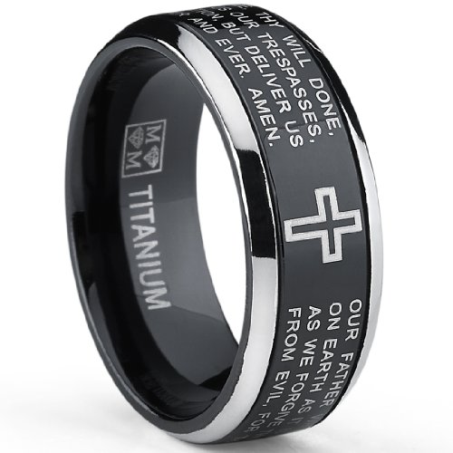 Two Tone Black Titanium Lords Prayer Ring Band Sizes 7 to 13