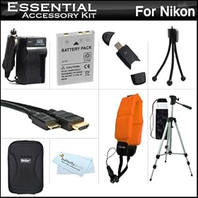 Essential Accessories Kit For Nikon COOLPIX AW100 Waterproof Digital Camera Includes Extended Replacement (1050 MAh) EN-EL12 Battery + AC/DC Travel Charger + Mini HDMI Cable + USB 2.0 Card Reader + Deluxe Case + 50 Tripod w/Case + FLOAT STRAP + More