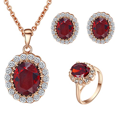 [Retro Series] Yoursfs 18k Rose Gold Plated Red Gemstone Oval Ruby Earrings and Ring and Necklace Set