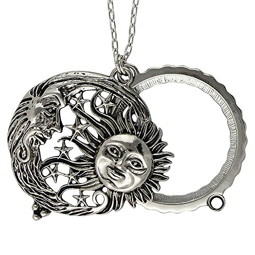 Antiqued Silvertone Celestial Sun Moon Flip Top Magnifier Pendant Necklace