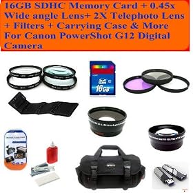 Deluxe Package Includes- 16gb Sdhc Memory Card + 0.45x Wide Angle Lens + 2x Telephoto Lens + Filters + Carrying Case & More for Canon Powershot G12 Digital Camera