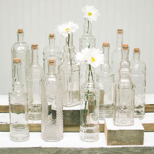 Vintage Decanter Bottles & Bud Vases w/ Corks, Clear Glass, Assorted, Set of 12