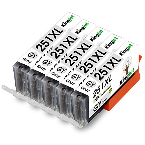 Kingjet CLI-251XL Gray Ink Tank Replacement 5 Pack Compatible with Canon PIXMA MG6320 MG7120 MG7520 IP8720 All-In-One Printer (5x GY)