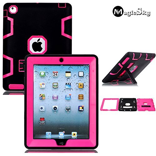 MagicSky Rugged Hybrid Dual Layer Full Body Protective Case with Kickstand for iPad 2, iPad 3 and iPad 4, Hot Pink / Black