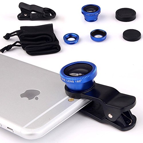 ECVILLA Universal 3 in 1 Camera Lens Kit Clip-On 180 Degree Supreme Fisheye + 0.67X Wide Angle+ 10X Macro Lens for iPhone 6s/6s Plus, iPhone 6/6 Plus,iPhone 5 5S 4 4S Samsung HTC Android (Blue)
