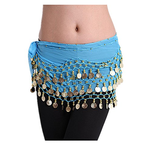 Viskey Fashion Chiffon Belly Dance Waist Chain with Golden Coins in 3-Layers,Blue
