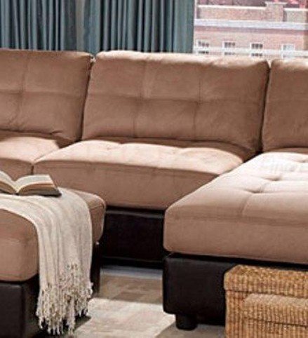 

Sectional Sofa with Button Tufted Design Brown Microfiber
