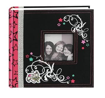 Pioneer Glam Jeweled Sewn Fabric Frame Cover Photo Album, Pink on Black