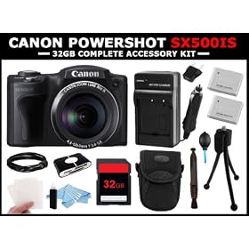 Powershot SX500 IS 16.0 MP Digital Camera with 30x Wide-Angle Zoom and 3.0-Inch LCD (Black) + Complete All-You-Need 32GB Accessory Bundle Kit