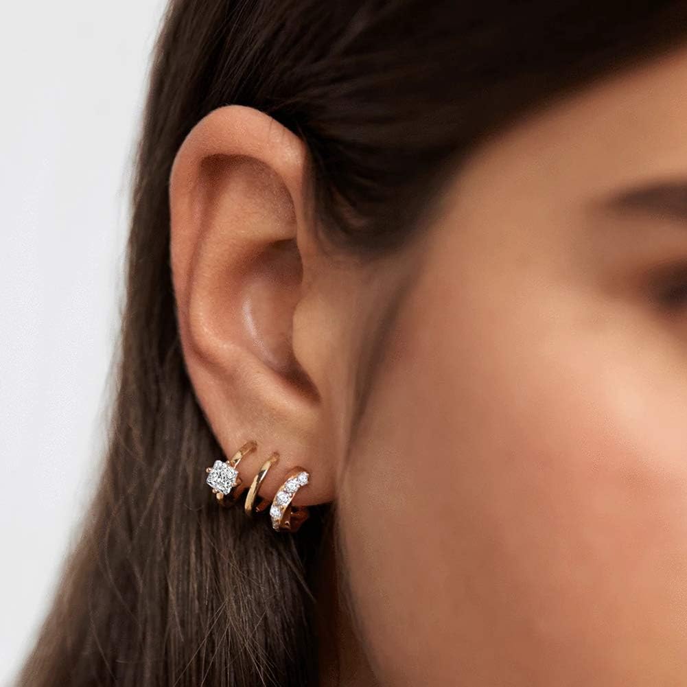 Obidos 14K Gold Plated Triple Huggie Hoop Earrings Illusion One Hole Stud Earrings Hypoallergenic Trendy Simple Gold Jewelry Accessories Gift For Wome_voghion.com