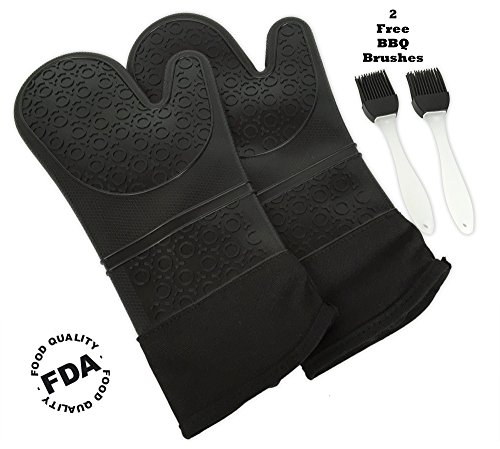 Gizmo Silicone Oven Mitts - Best For Cooking in The Kitchen or on the BBQ - Extra Long - Heat Resistant and FDA Certified - 2 Gloves and 2 Free BBQ Brushes - Makes a Great Gift